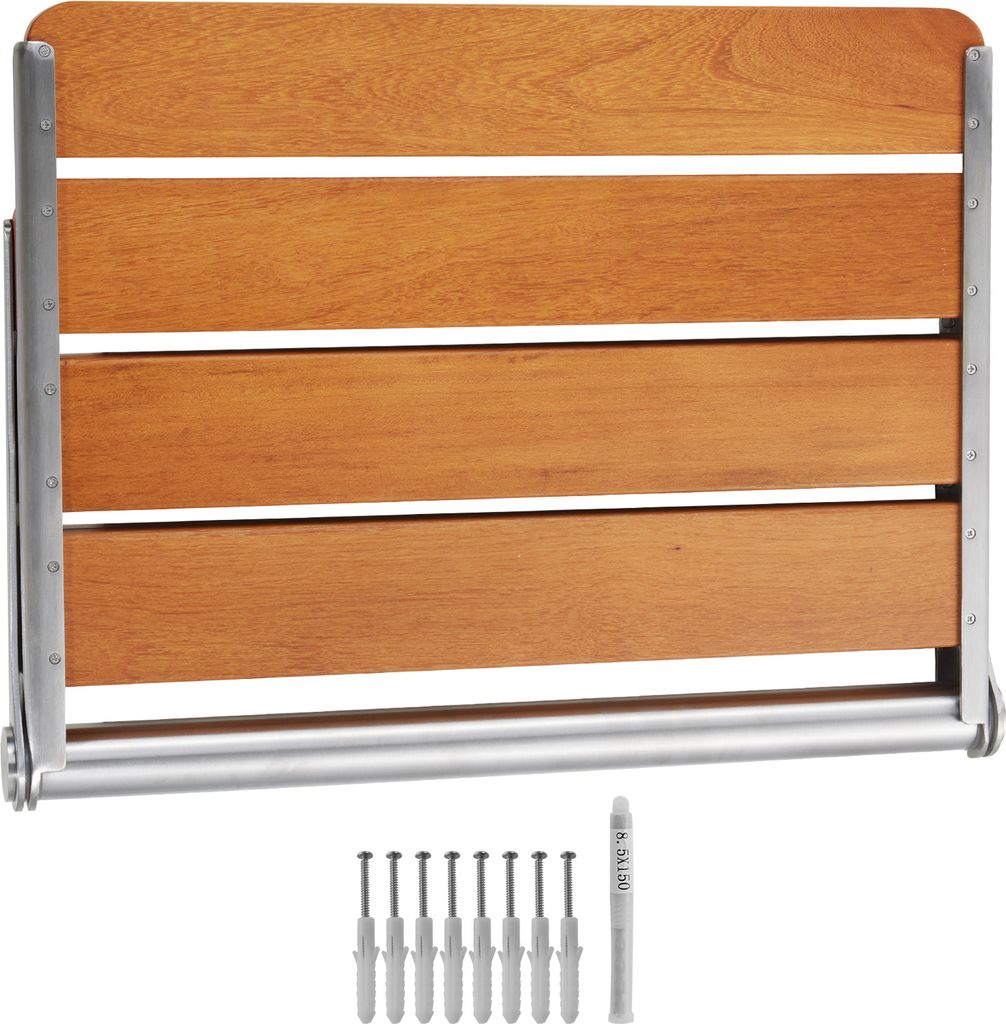 A wall-mounted folding shower seat made of teak wood and metal.