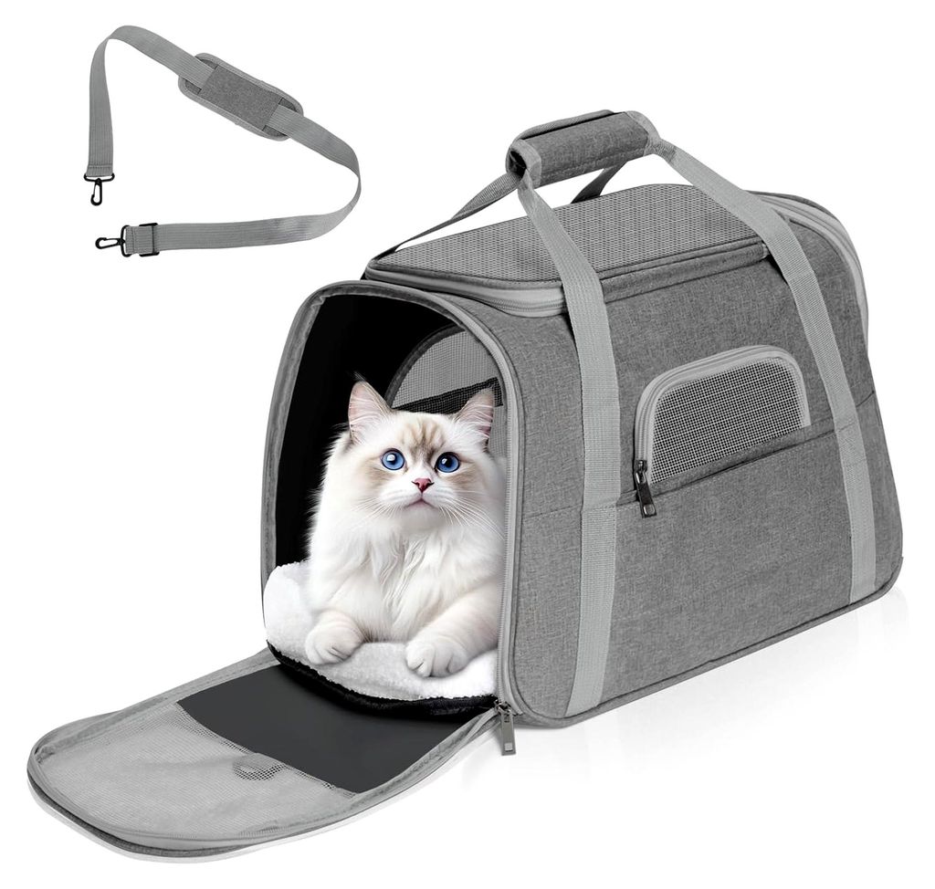 Katzentransportbox für kleine Katzen und Hunde bis 6 kg, Transporttasche mit Schultergurt, Grau