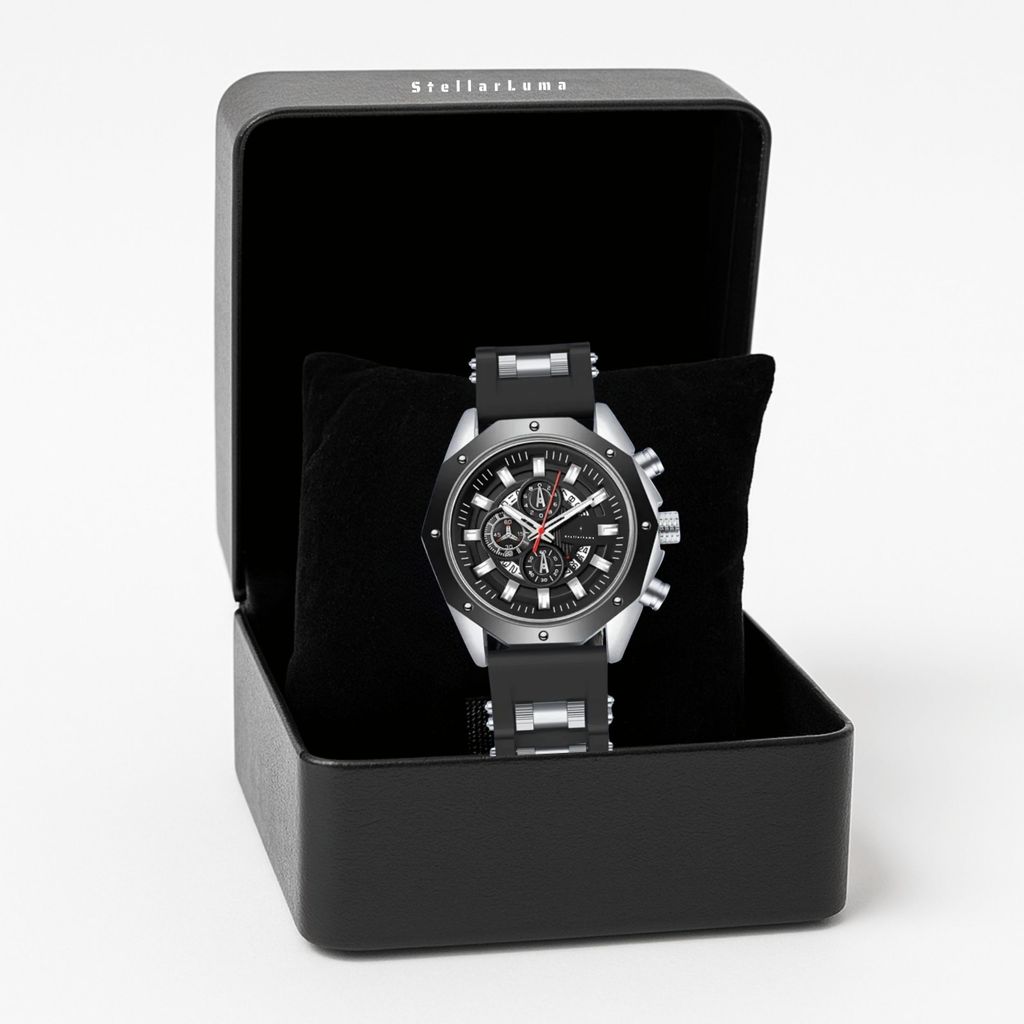 Herren Sportuhr Schwarz – Wasserdichte Armbanduhr mit Silikonarmband, Chronograph & Datum