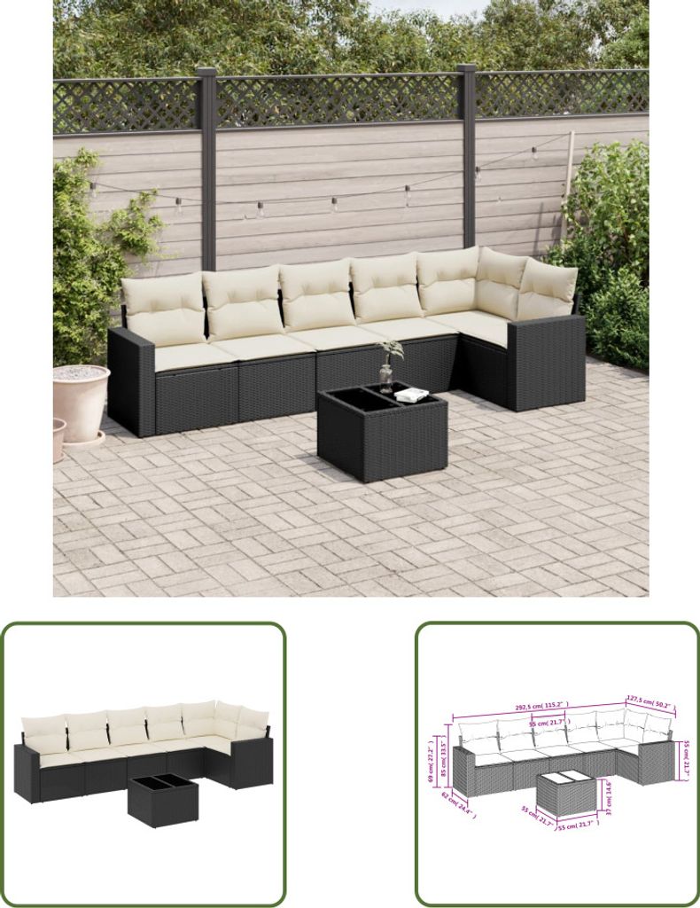 The Living Store 7-tlg. Garten-Sofagarnitur mit Kissen Schwarz Poly Rattan