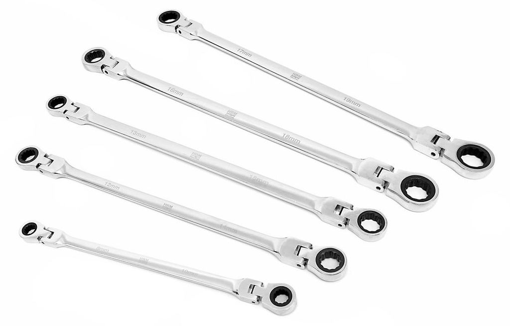 HBM 5-teiliges Profi-Ringschlüssel-Set, extra lang, mit Ratschenfunktion und neigbaren Köpfen, 8 - 19 mm.
