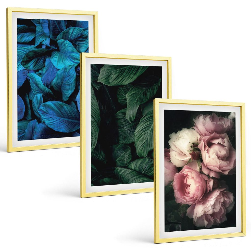 Bilder Set 3-teilig im Goldrahmen Rahmen – Wandbilder 3 Stück – gerahmte Poster für Wohnzimmer, Schlafzimmer und Flur – 40x60 cm – Blätt...