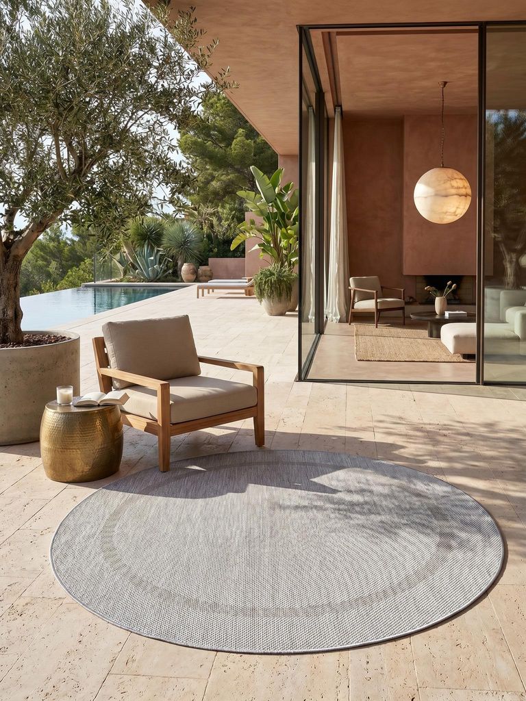 Outdoorteppich Unifarben UV-Beständig Waschbar Strapazierfähig | Rund Silber 200x200 cm Küche Balkon UV-Beständig | ALSTER – Kadima Design