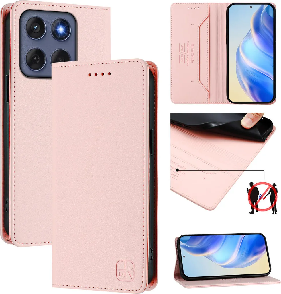 Custodia in pelle per Motorola Edge 60 Fusion, flip case con slot per carte, portafoglio e supporto Rosa