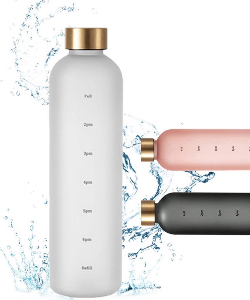 1 Liter Wasserflasche, Trinkflasche, Kohlensäure geeignet, Motivations-Skala, edel, auslaufsicher, nachhaltig, robust (weiß)