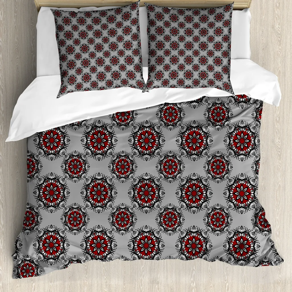 ABAKUHAUS Set copripiumino Borgogna per letti matrimoniali, rosa marocchina, antiacaro, adatto a chi soffre di allergie, con federe, grigio chiaro, bordeaux e bianco