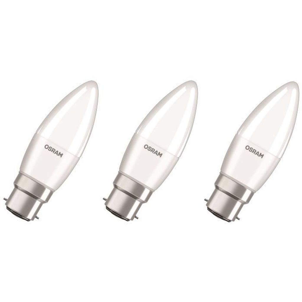 Three white LED light bulbs with silver bases are arranged diagonally on a white background.