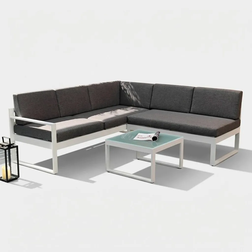 Salon de Jardin Jamila : Canapé d'Angle Résistant et Table Basse Verre