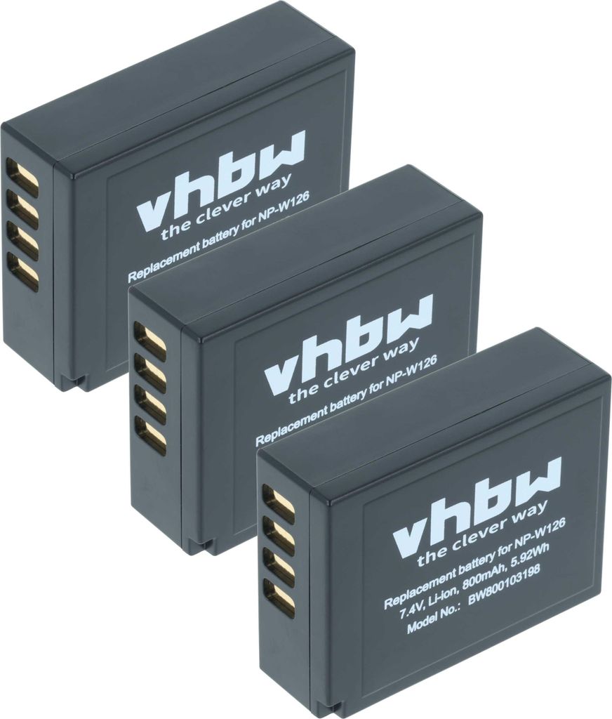 vhbw 3x Akku kompatibel mit Fujifilm X-E4, X-T10, X-E2S, X-Pro3, X-Pro2, X-H1, X-Pro 1, X-S10, X-T1, X-E3, X-M1 Kamera (800 mAh, 7,2 V, Li-Ion)