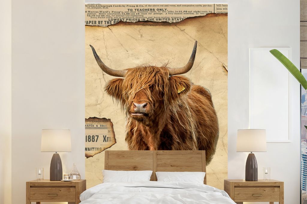 MuchoWow Fototapete für Wohnzimmer oder Schlafzimmer Wandtapete Vinyl Motivtapete Schottischer Highlander - Vintage - Pergament - 145x220 cm - W...