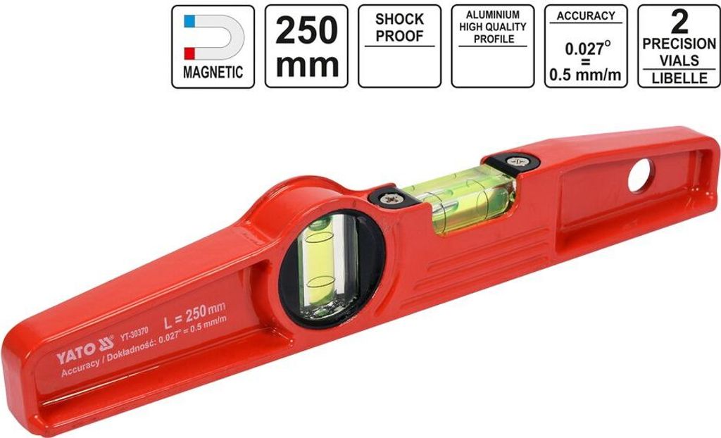 Profi Aludruckguss Wasserwaage Trapez mit Magneten 250 mm 2-Libellen
