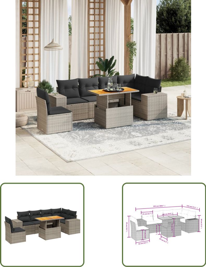 The Living Store 7-tlg. Garten-Sofagarnitur mit Kissen Grau Poly Rattan