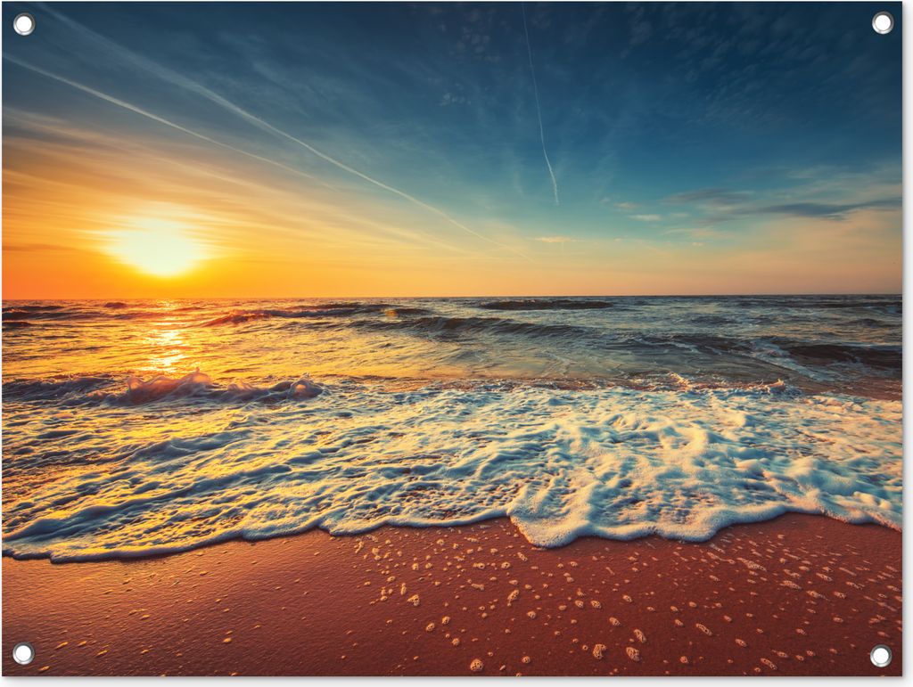 MuchoWow 80x60 cm Outdoor-Poster Gartendeko Sichtschutz Garten Poster für den Garten Strand - Meer - Sonnenuntergang - Gold