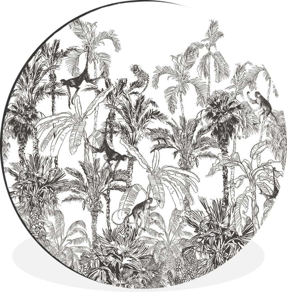 MuchoWow Aluminium Wandkreis Dschungel - Tiere - Schwarz - Weiß Ø 60 cm Wanddeko Modern Wohnzimmer - Wand Kreis - Wandbild - Schlafzimmer - Alu...