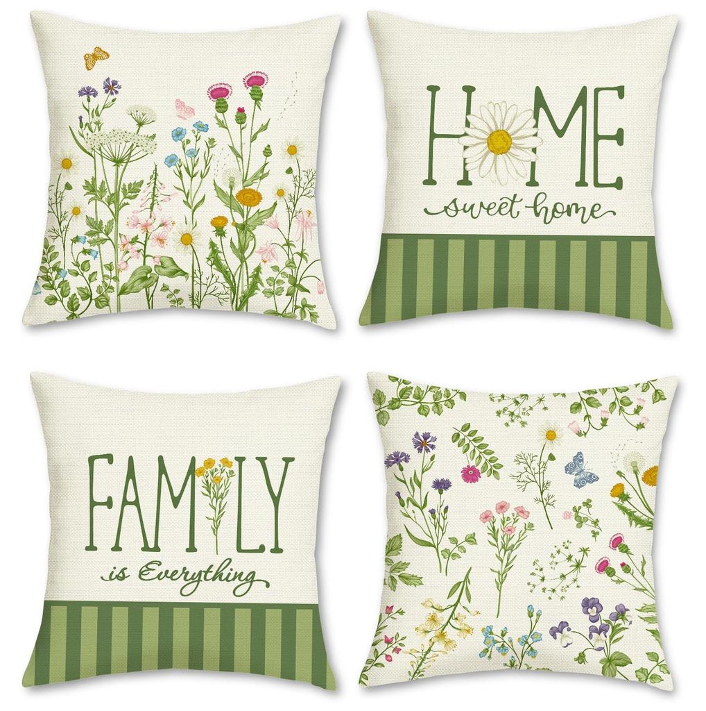 Set mit 4 Kissenbezügen mit Blumenmotiv, 45 x 45 cm, Frühlingsblätter, grüne Streifen, dekorative Kissenbezüge für Sofa, Zuhause, Garten, Au...