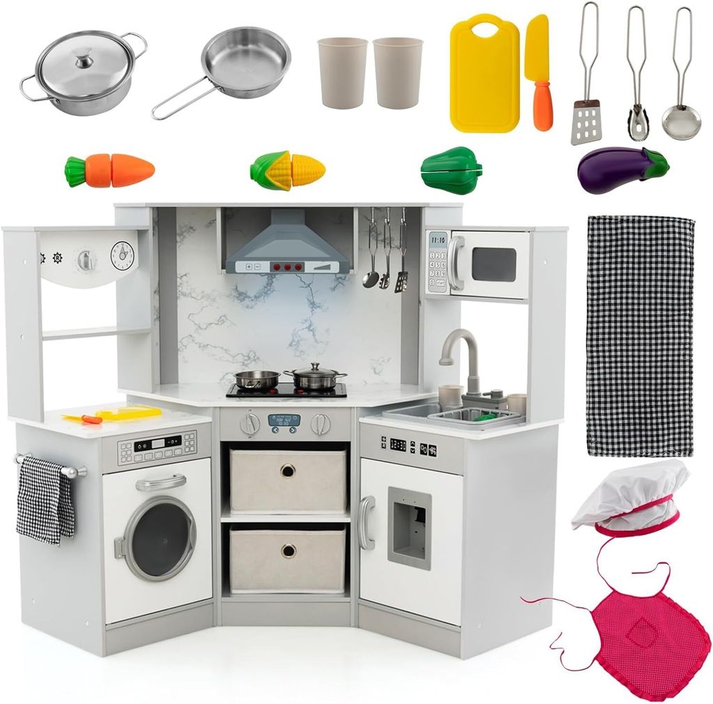 DREAMADE Spielzeugküche für Kinder, Kinder Ecken Küchenspielset mit Zubehör, simulierten Licht- & Soundeffekten, Kinderküchen mit Wasserumlauf...