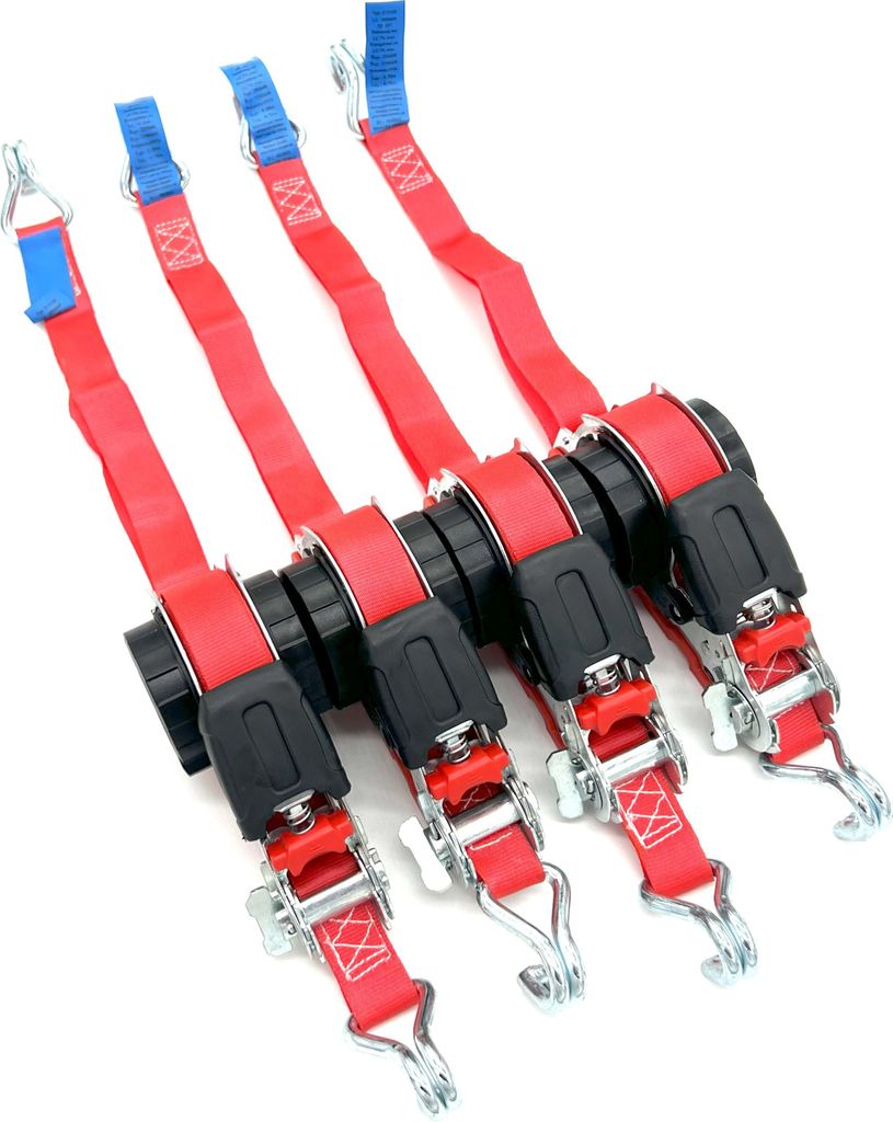 Four red ratchet straps with blue accents and metal hooks are arranged diagonally on a white background.