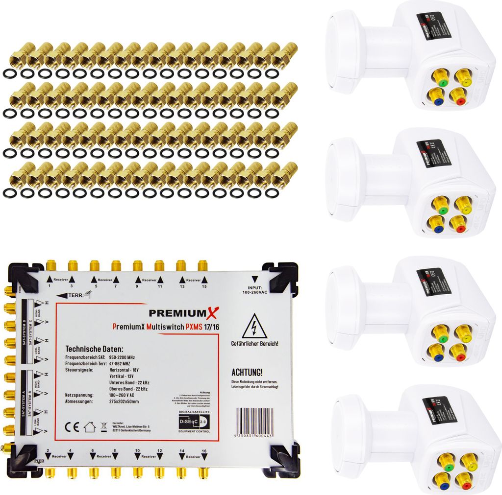 PremiumX Multischalter Set 17/16 SAT Multiswitch 4x Quattro LNB 64x F-Stecker