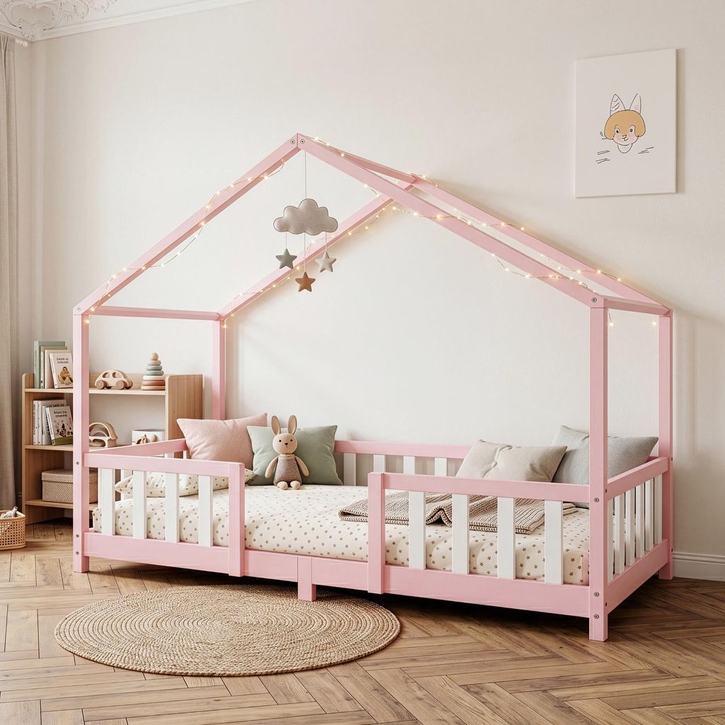 Kinderbett ’Treviolo‘ in Haus-Optik mit Rausfallschutz Produktbild 