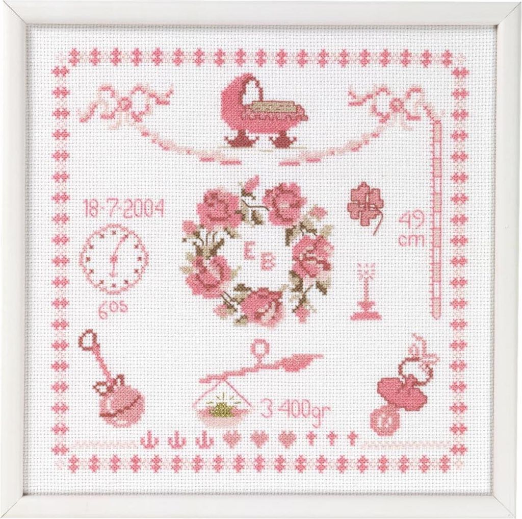 Permin Kreuzstich Stickpackung "Geburtsbild Mädchen", Zählmuster, 25x25cm, 39-7132