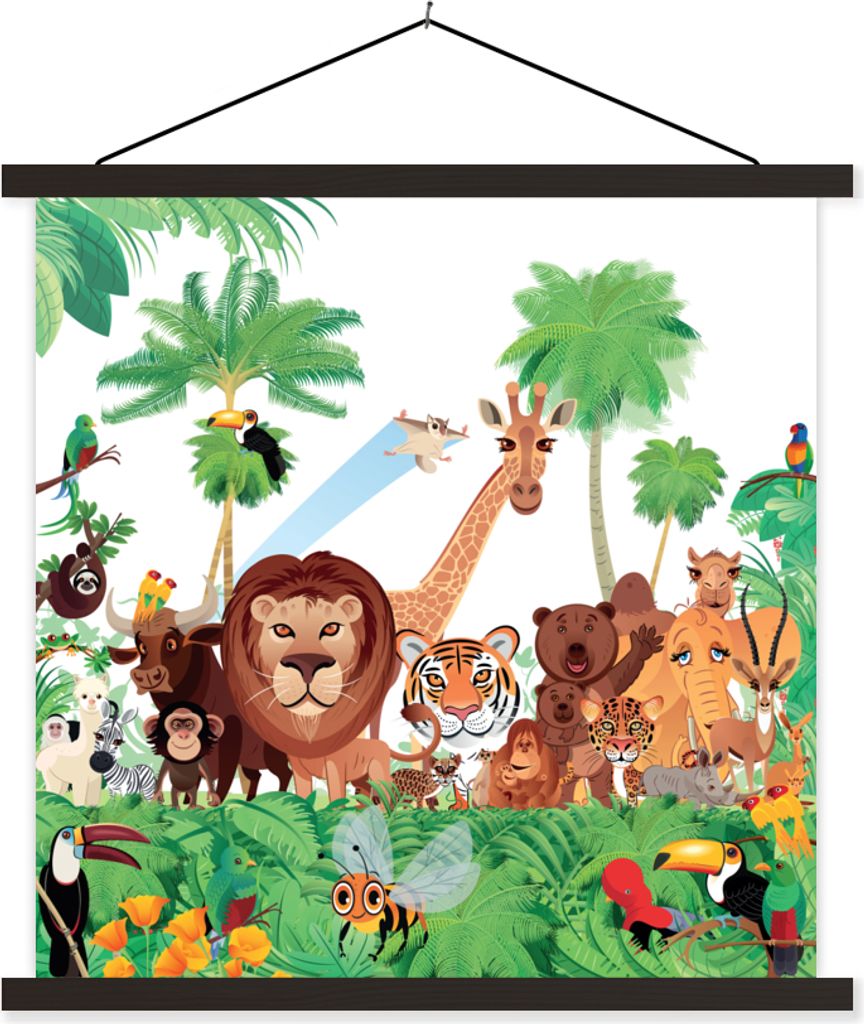 MuchoWow Textilposter Wilde Tiere - Dschungel - Löwe - Tiger - Mädchen - Kinder - Jungen 40x40 cm mit schwarzem Rahmen - Fotos