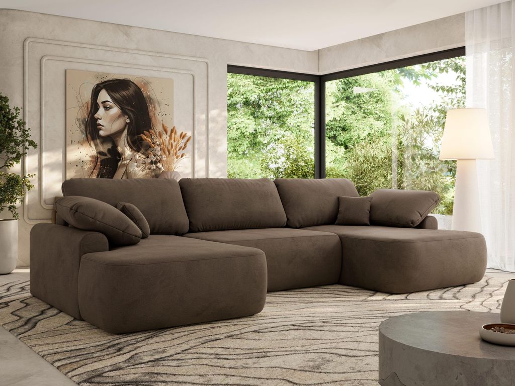 MKS MEBLE U-förmige Eckcouch, Wellenfeder, Ecksofa mit Schlaffunktion, Bettkasten und lose Kissen, 370x187x100cm - CUBO U - Braun Velvet