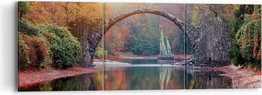 Bild auf Leinwand - Leinwandbild - 3 Teile - Garten Rhododendren Brücke - 90x30cm - Wand Bild - Wanddeko - Wandbilder - Leinwanddruck - Bilder - W...