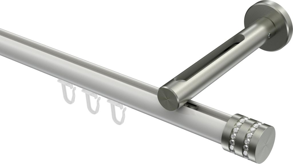 Interdeco Innenlaufstange / Gardinenstange mit Innenlauf Weiß / Edelstahl-Optik, Typ Siteno Estana (Glitzerkappe), 20 mm Ø 1-läufig, 520 cm