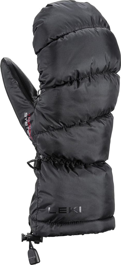 A black insulated mitten is shown against a white background.