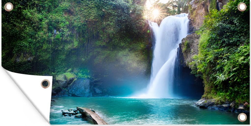 MuchoWow 80x40 cm Outdoor-Poster Gartendeko Sichtschutz Garten Poster für den Garten Wasserfall - Steine - Landschaft - Pflanzen - Wasser
