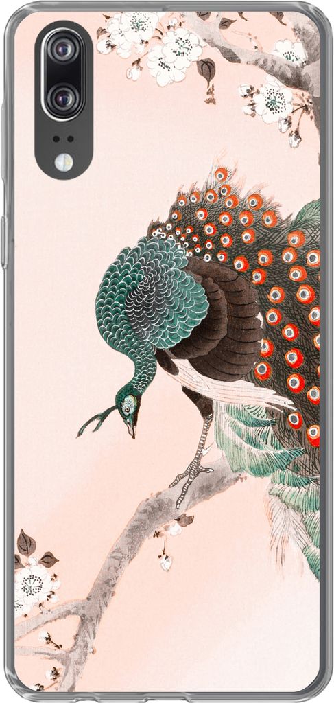 MuchoWow Handyhülle Schutzhülle Hülle für Telefoonhoesje Huawei P20 Blüte - Pfau - Federn - Japandi Silikon Softcase Handy Hülle - Hardcover