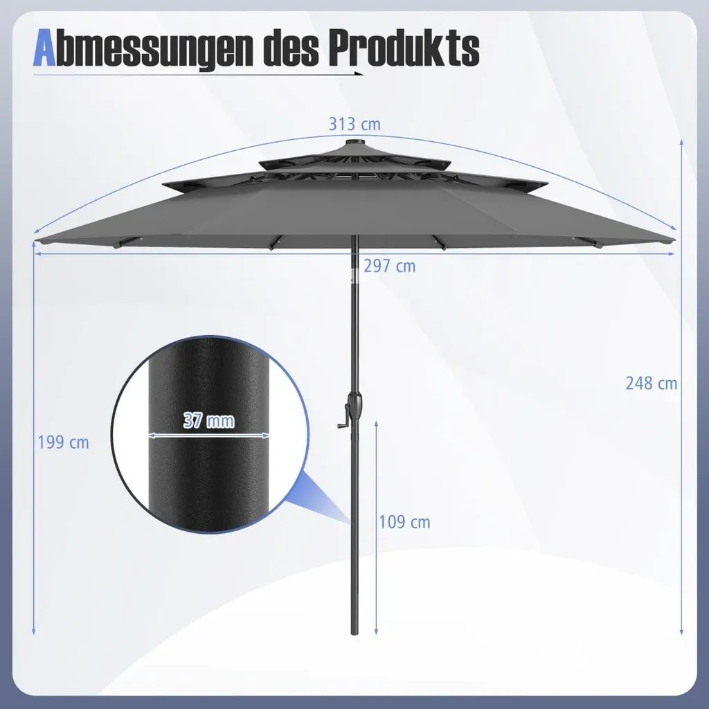 Parasol terrasse gris pour repas nocturnes avec éclairage solaire LED