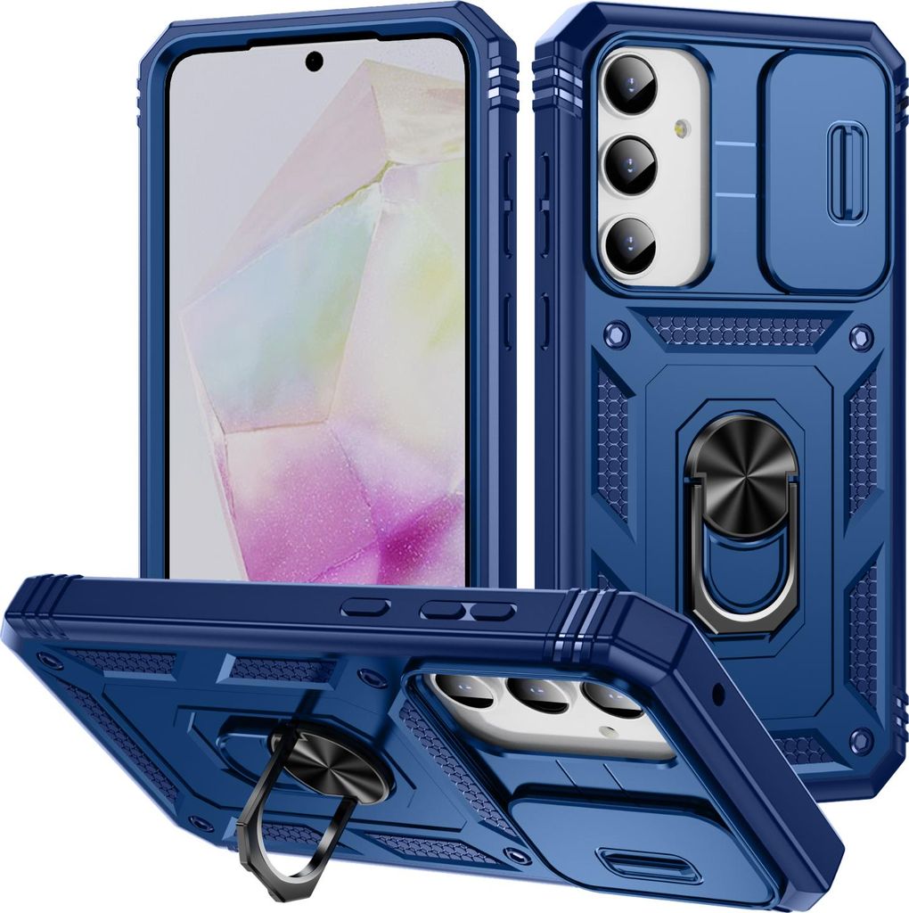 Hülle für Samsung Galaxy A35, Schiebe Kamera Schutz Stoßfest Schutzhülle mit Ringhalterung Ständer Blau