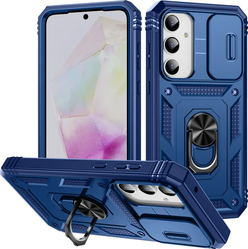 Custodia per Samsung Galaxy A55 protezione fotocamera scorrevole, resistente agli urti, con supporto ad anello, supporto e porta carte blu
