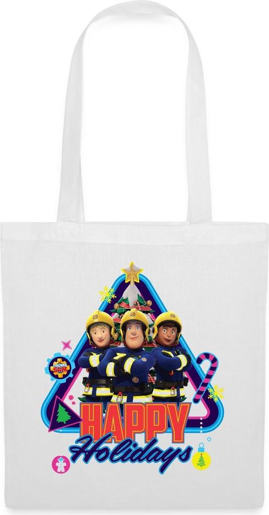 Spreadshirt Feuerwehrmann Sam Happy Holidays From The Team Stoffbeutel, One size, Weiß