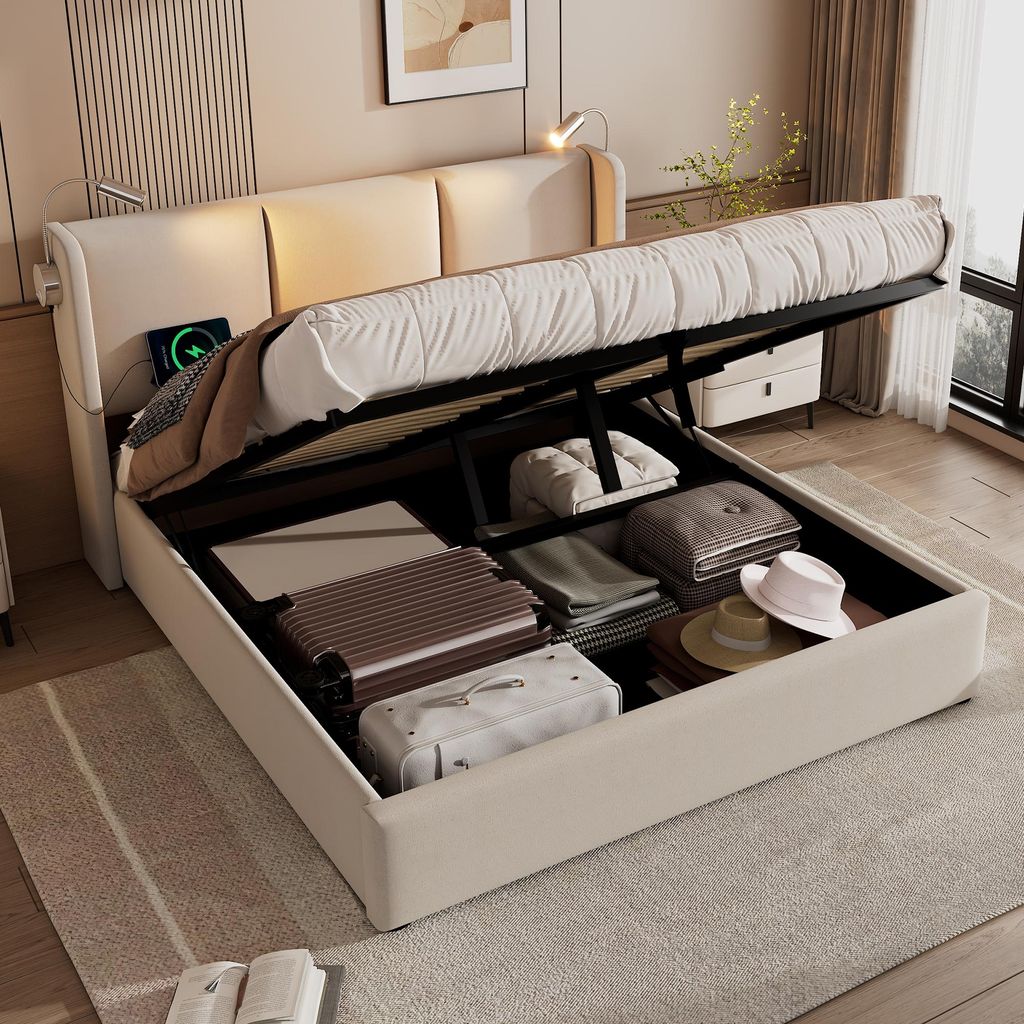 Zubaliya Polsterbett Doppelbett - 160x200 cm Beige - Stauraum Hydraulik - Leselicht mit USB