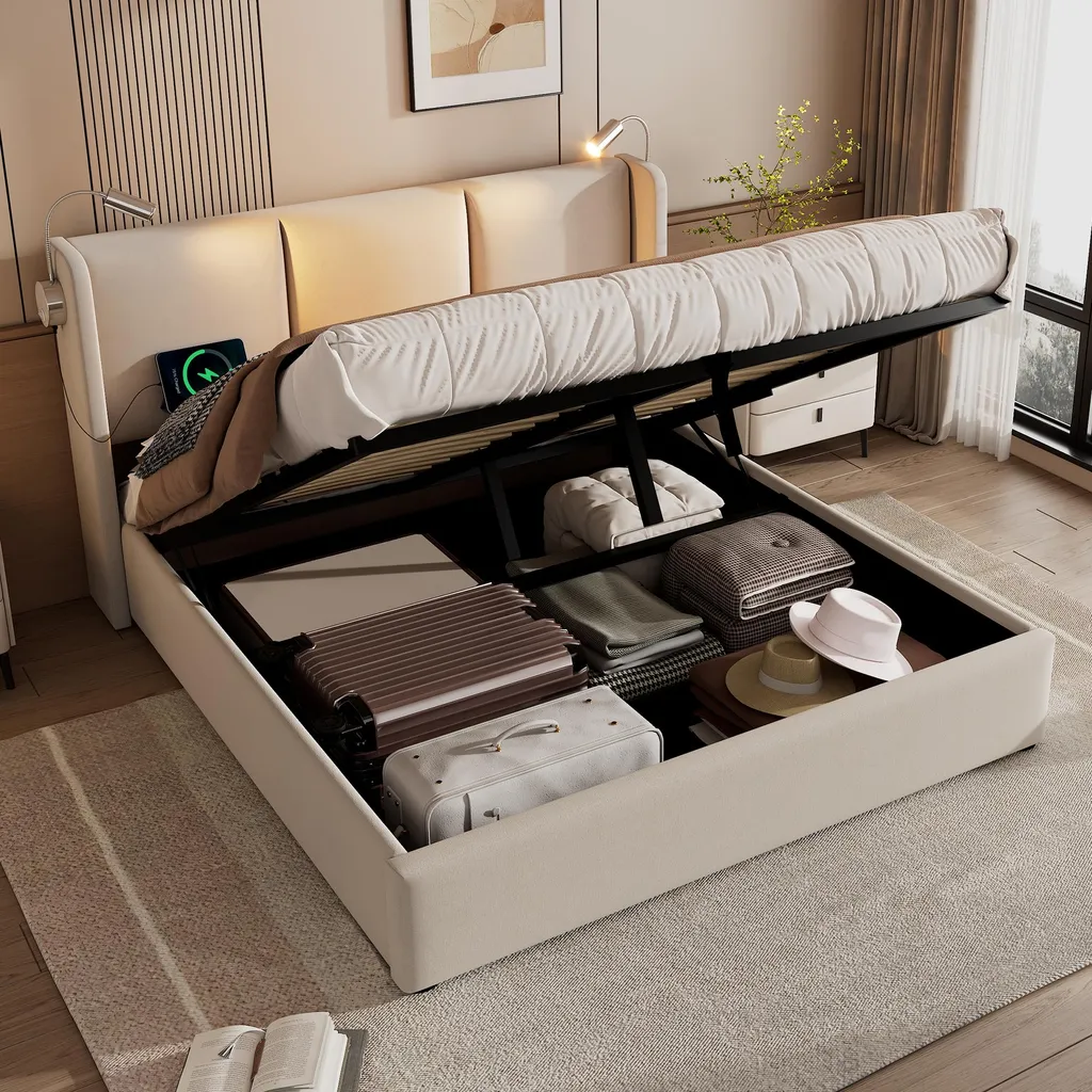 Lit 160x200cm gain de place avec rangement coffre et prise USB intégrée