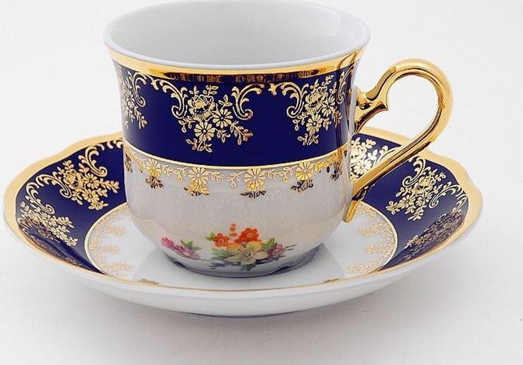 Leander Mary-Anne, Teetasse mit Untertasse, kobalt + bunte Blumen