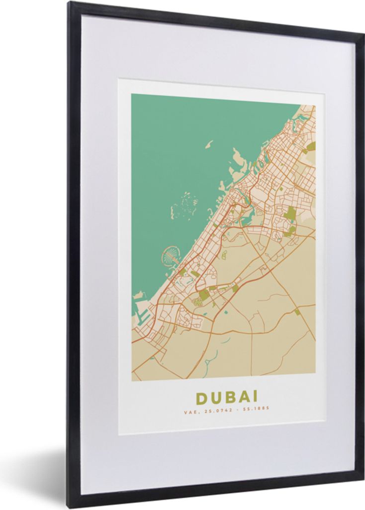 MuchoWow Gerahmtes Poster Dubai - Stadtplan - Vintage - Karte 40x60 cm - Poster mit Schwarzem Bilderrahmen Wandposter Rahmen Foto Bilder - Poster...