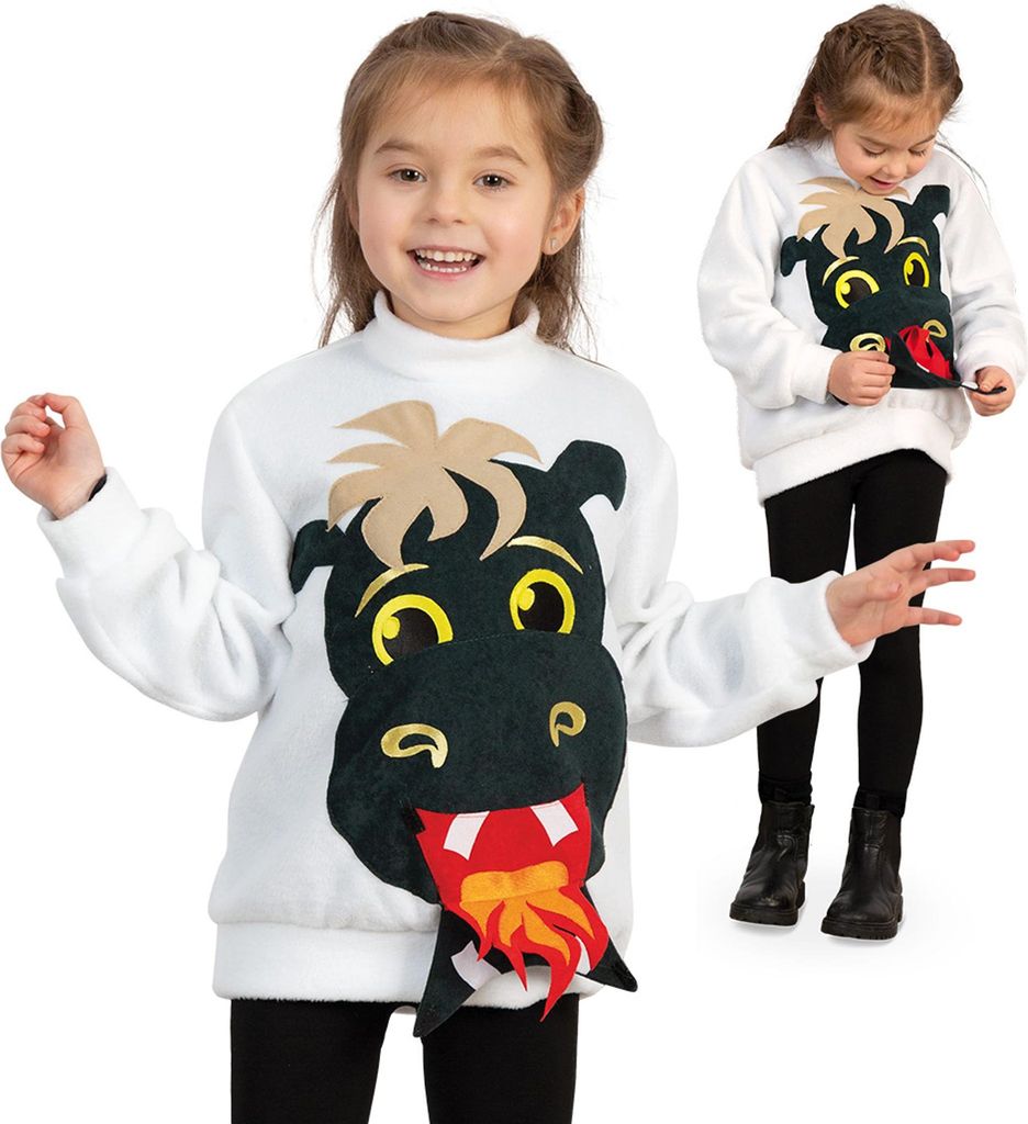 Feuerdrache Pullover Drachen Kostüm mit aufklappbarer Bauchtasche für Kinder