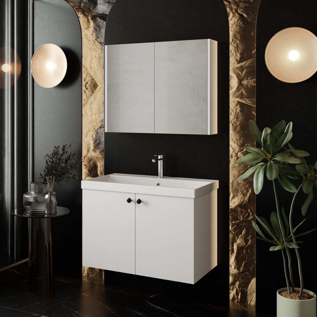 Badmöbel Set Weiß 80 cm Mimoza | Waschbecken | Unterschrank | Spiegelschrank