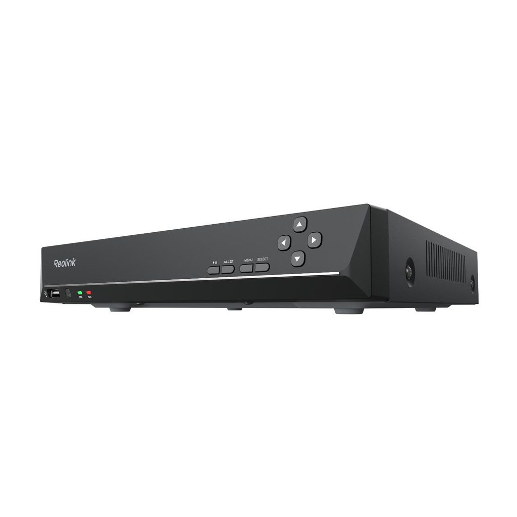 A black network video recorder (NVR) is shown from a three-quarter front-facing angle against a white background.