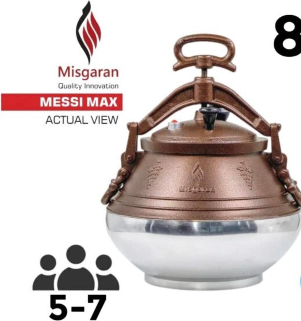 A product shot of a pressure cooker with marketing text and icons.
