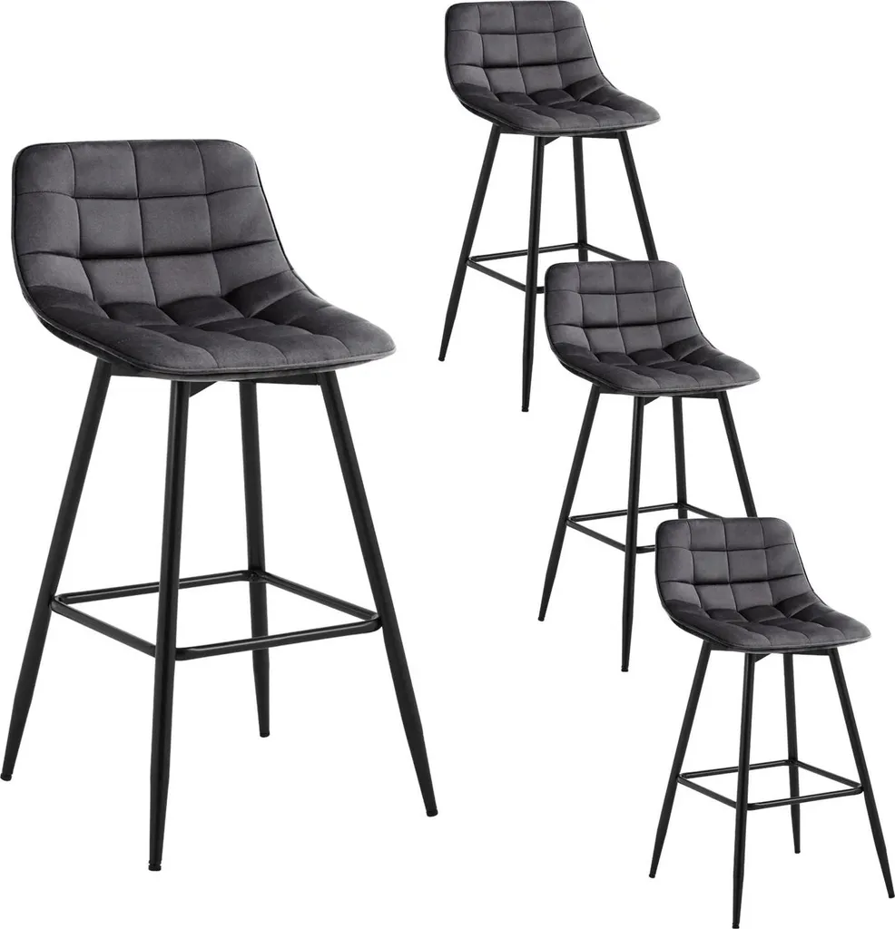 Tabouret de Bar Stable 120kg Pieds Réglables en Velours Gris - Lot de 4