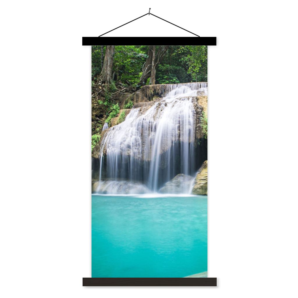 MuchoWow Textilposter Wasser - Wasserfall - Bäume 90x180 cm mit schwarzem Rahmen - Dekoration Wohnzimmer