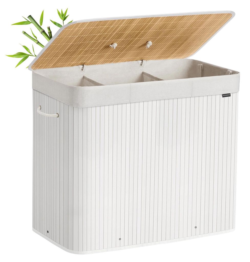 Wäschesammler Wäschekorb - Bambus mit Deckel - Volumen 170 l - Mit 3 Griffen - Weiß