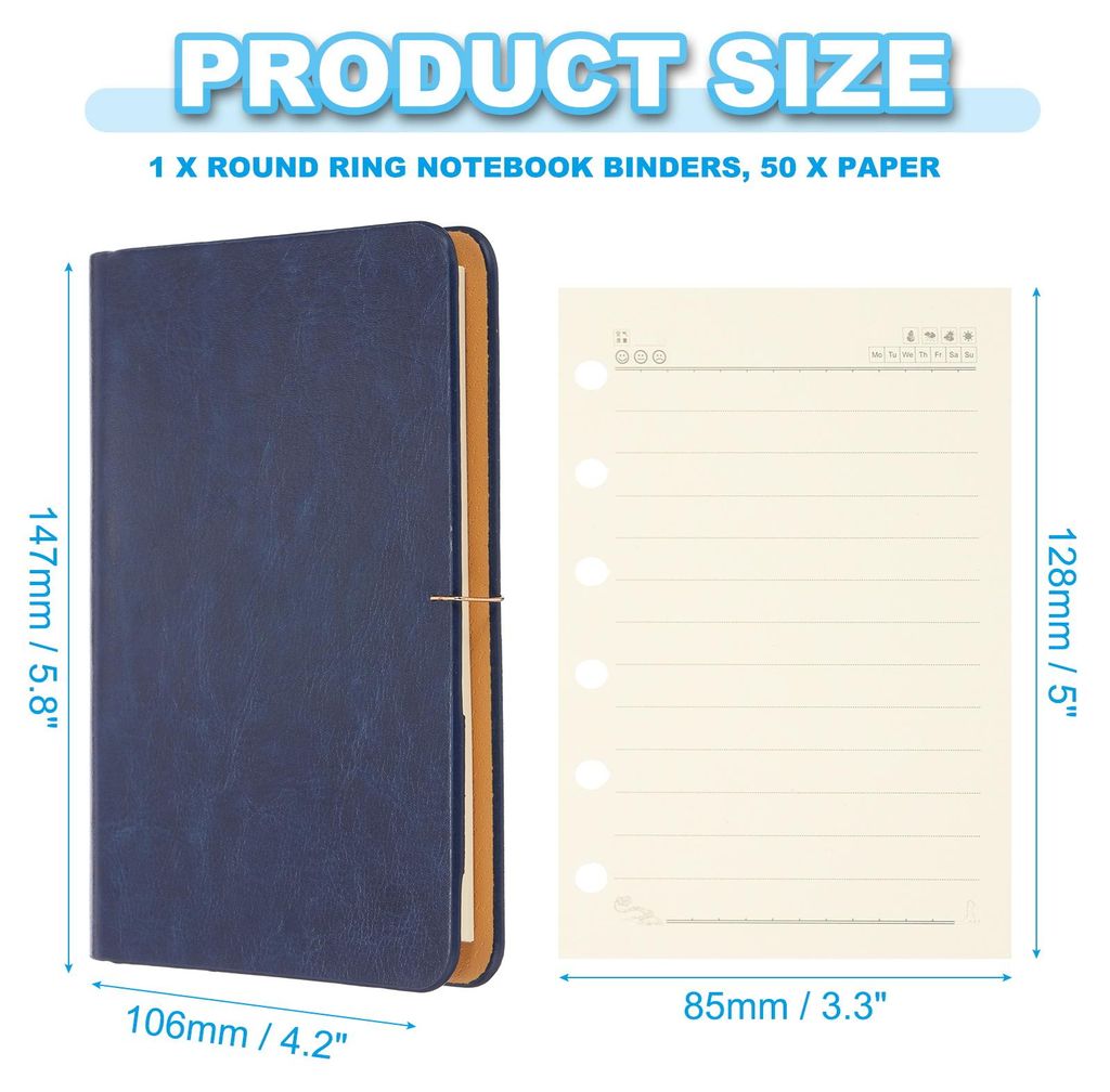 6 Ring Binder Cover, A7 Leder Notizbuch Binder Mini Nachfš¹llbarer Loose Leaf Personal Planner mit 50 Blatt Linienpapier, Blau