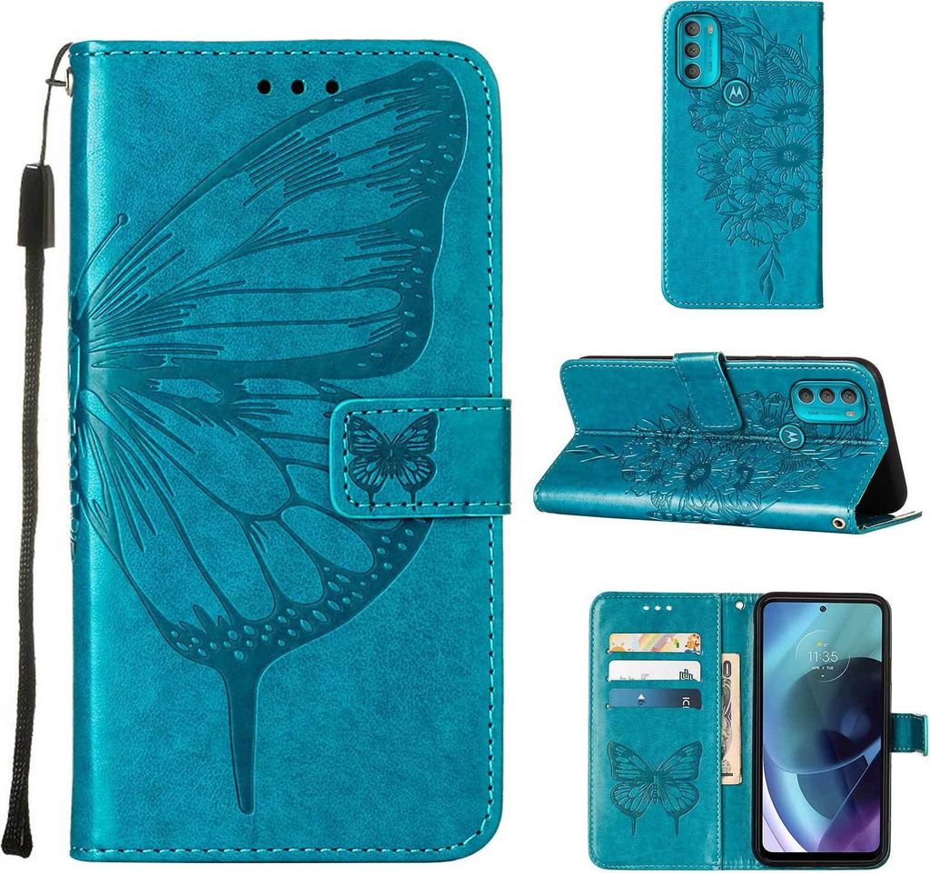 Moto G71 5G Hülle, Schmetterling Prägung Flip Leder Kartenfächer Schutzhülle Ledertasche mit Ständer für Motorola Moto G71 5G Blau