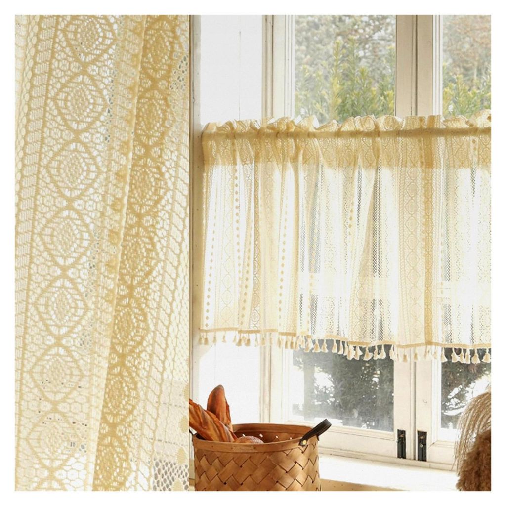 Scheibengardinen im Landhausstil Boho Gestreift für kleine Fenster in Beige (140 X 50CM)