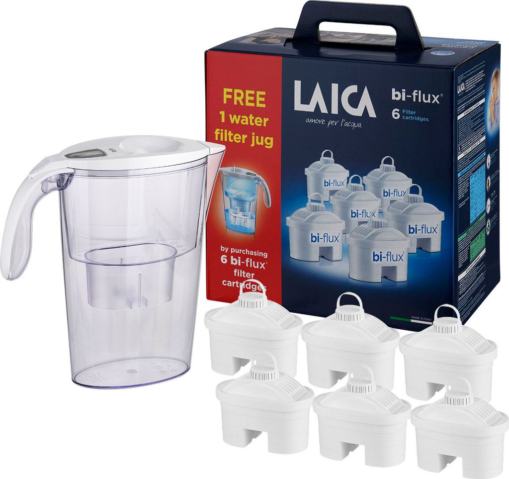 A water filter pitcher and its packaging, including multiple filter cartridges.
